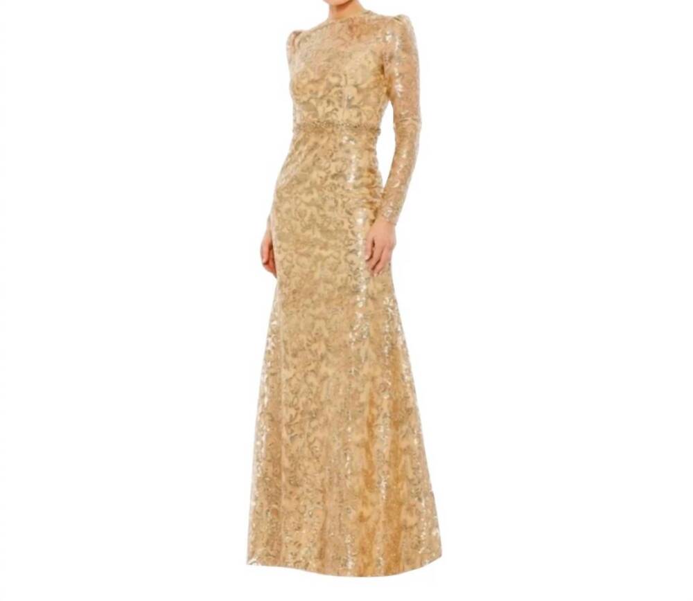 NEW MAC DUGGAL goldembellished high neck gown in gold